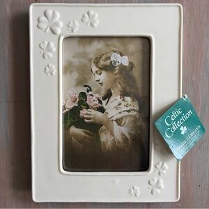 Celtic COLLECTION Cream Porcelain Photo Frame with Shamrocks Inside measures